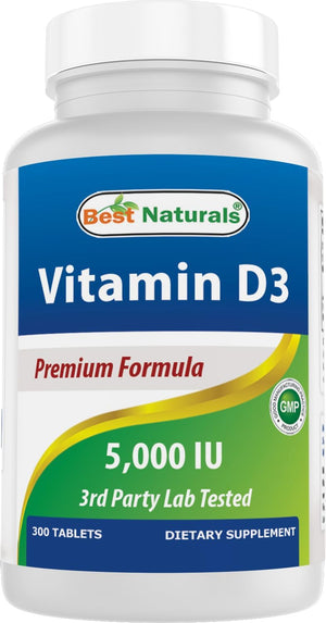 Best Naturals Vitamin D3 – 300 Tablets – Made in USA, Non-GMO, Gluten Free, No Artificial Color, Flavor or Preservatives – Dietary Supplement (5000 IU)