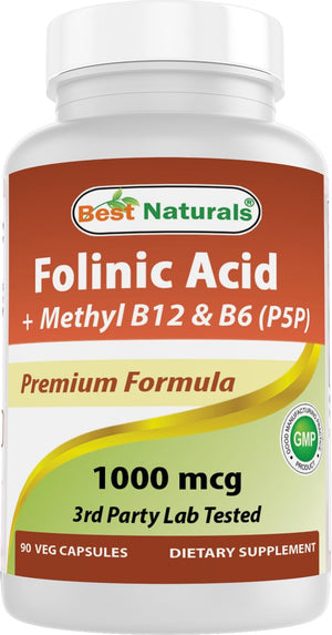Best Naturals Folinic Acid 1000 mcg with Mehtyl B12 1000 mcg & Vitamin B6 (P5P) 5 mg 90 Veg Capsules