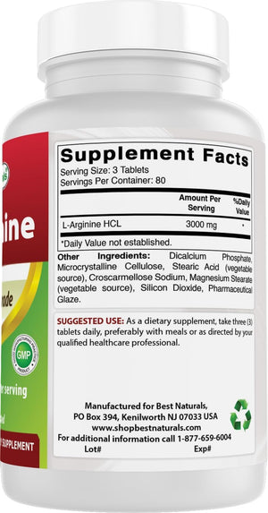 Best Naturals L-Arginine 3000mg Per Serving - 240 Tablets - Pharmaceutical Grade - Non-GMO & Gluten Free - Made in The USA