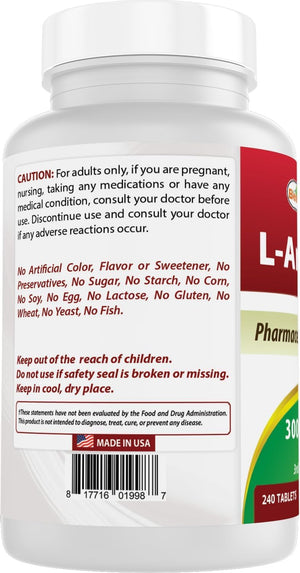 Best Naturals L-Arginine 3000mg Per Serving - 240 Tablets - Pharmaceutical Grade - Non-GMO & Gluten Free - Made in The USA