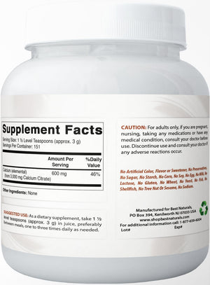 Best Naturals Calcium Citrate Powder - Calcium Supplement, High Bioavailable 3000 mg per Serving (600 mg Elemental Calcium) - Unflavored & Gluten Free - 1 Pound