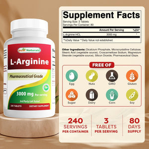 Best Naturals L-Arginine 3000mg Per Serving - 240 Tablets - Pharmaceutical Grade - Non-GMO & Gluten Free - Made in The USA