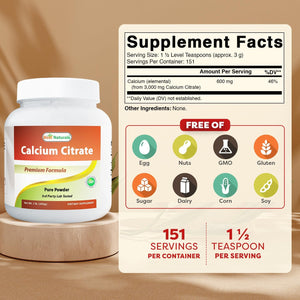 Best Naturals Calcium Citrate Powder - Calcium Supplement, High Bioavailable 3000 mg per Serving (600 mg Elemental Calcium) - Unflavored & Gluten Free - 1 Pound