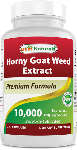 Best Naturals Horny Goat Weed 10000 mg Equivalent per Serving - 120 Capsules - Promotes Reprodcutive Health for Men & Women