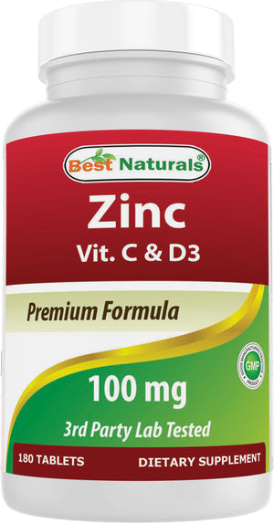 Best Naturals Zinc 100 mg with Vitamin C & D3 180 Tablets Gluten Free and Non-GMO