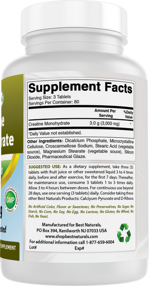 Best Naturals Creatine Monohydrate 1000 mg 240 Tablets