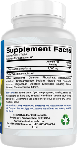 Best Naturals L-Tryptophan 1000 mg 60 Tablets