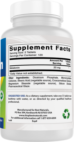 Best Naturals Melatonin 20mg 240 Tablets - Drug-Free Nighttime Sleep Aid - Non-GMO & Gluten Free