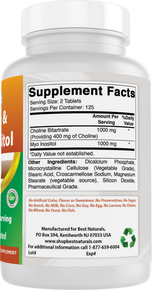 Best Naturals Choline Inositol (Myo Inositol) 2000 mg Per Serving 250 Tablets - Non-GMO, Gluten Free, Made in The USA