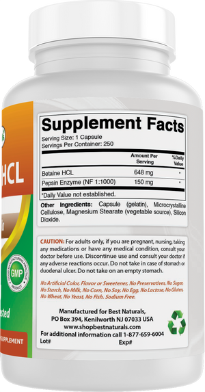 Best Naturals Betaine HCl 648 mg 250 Capsules