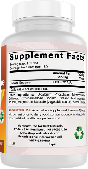 Best Naturals Lactase Enzyme 3000 FCC 180 Tablets