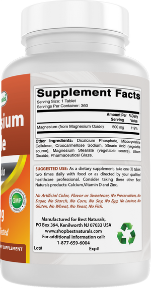 Best Naturals Magnesium Oxide 500mg 360 Tablets - 1 Year Supply - Magnesium for Immune Support, Muscle Recovery, Leg Cramps, Relaxation