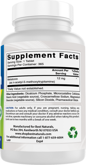 Best Naturals Melatonin 12 mg 365 Tablets (1 Year Supply) | Drug-Free Nighttime Sleep Aid - Melatonin for Sleep and Relaxation