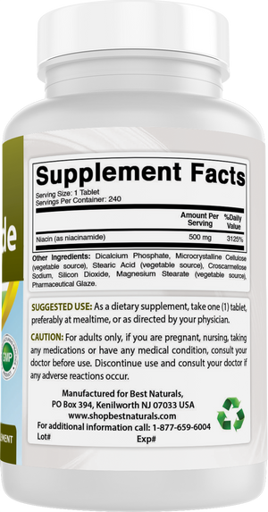 Best Naturals Niacinamide 500mg 240 Tablets (Suitable for Vegetarian) - Non-Flushing Form of Niacin (Vitamin B3)