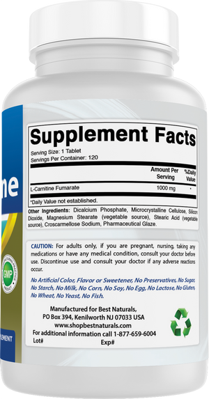 Best Naturals L-Carnitine Fumarate 1000mg per Tablet - 120 Count - Boosts Cellular Energy