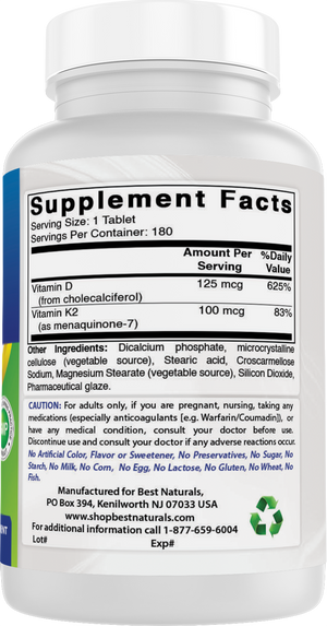 Best Naturals Vitamin K2 (MK7) with D3 (5000 IU Vitamin D3 & 100 mcg Vitamin K2 MK7), 180 Tablets