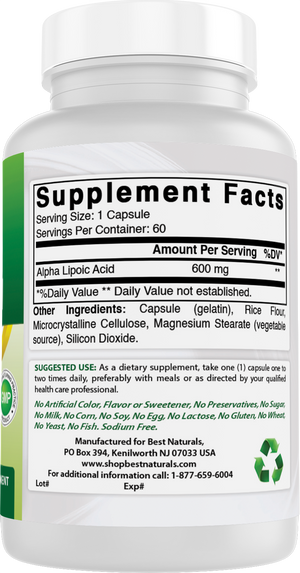 Best Naturals Alpha Lipoic Acid 600 mg 60 Capsules