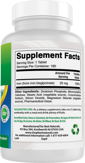 Best Naturals Iron Supplement (Iron Bisglycinate) - 25mg - 180 Tablets - Gentle of Stomach - Non-Constipating