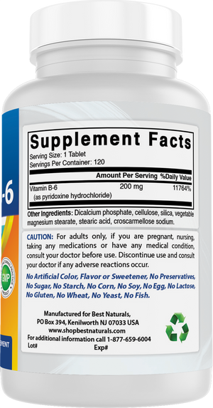 Best Naturals Vitamin B6 200mg for Adults, 120 Tablets