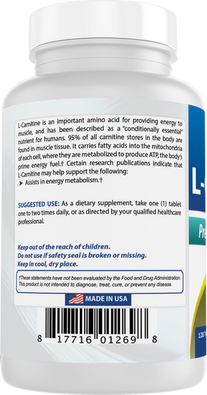Best Naturals L-Carnitine Fumarate 1000mg per Tablet - 120 Count - Boosts Cellular Energy