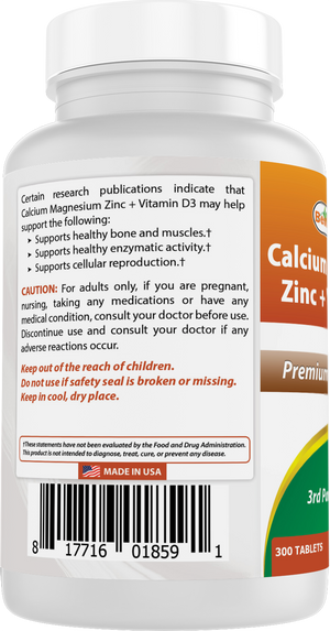 Best Naturals Calcium Magnesium Zinc with Vitamin D3, 300 Tablets - Calcium 1000 mg, Magnesium 400 mg, Zinc 25 mg & D3 600 IU per Serving (3 Tablets)