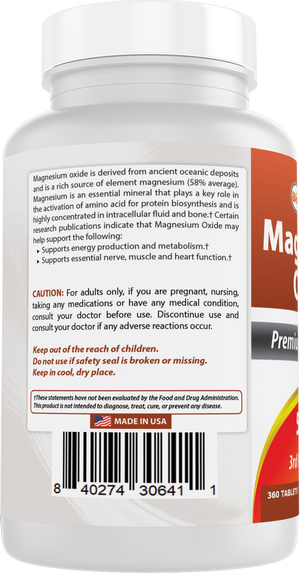 Best Naturals Magnesium Oxide 500mg 360 Tablets - 1 Year Supply - Magnesium for Immune Support, Muscle Recovery, Leg Cramps, Relaxation