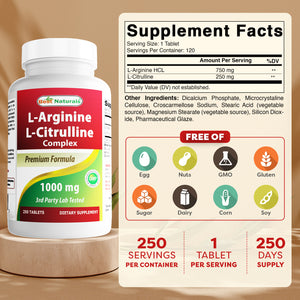 Best Naturals L-Arginine L-Citrulline Complex 1000 mg 250 Tablets