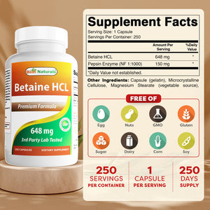 Best Naturals Betaine HCl 648 mg 250 Capsules