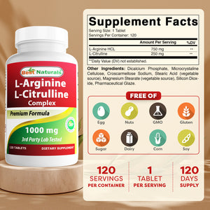 Best Naturals L-Arginine L-Citrulline Complex 1000 mg 120 Tablets