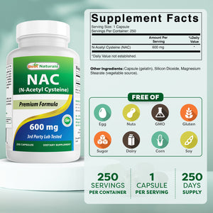 Best Naturals NAC (N-Acetyl L-Cysteine) 600 mg 250 Capsules