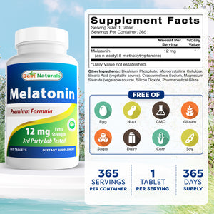 Best Naturals Melatonin 12 mg 365 Tablets (1 Year Supply) | Drug-Free Nighttime Sleep Aid - Melatonin for Sleep and Relaxation
