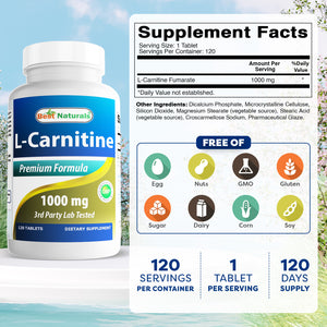 Best Naturals L-Carnitine Fumarate 1000mg per Tablet - 120 Count - Boosts Cellular Energy
