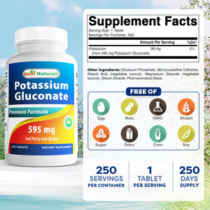 Best Naturals Potassium Gluconate 595 mg 250 Tablets