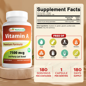 Best Naturals Vitamin A 25000 IU (7500 mcg), Non-GMO Formula Supports Healthy Vision & Immune System and Healthy Growth & Reproduction, 180 Softgels