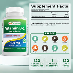 Best Naturals Vitamin B2 400 mg 120 Vegetarian Capsules