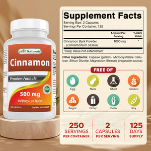 Best Naturals Cinnamon 500 mg 250 Capsules