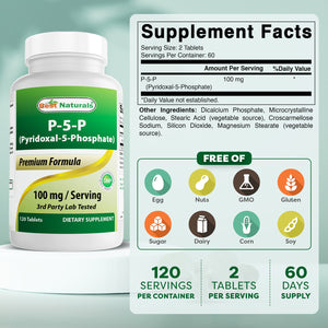 Best Naturals P5P Vitamin B6 (Pyridoxal 5 Phosphate) 100 mg/Serving - 120 Tablets - an Active Form of Vitamin B6.