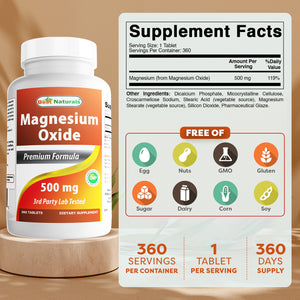 Best Naturals Magnesium Oxide 500mg 360 Tablets - 1 Year Supply - Magnesium for Immune Support, Muscle Recovery, Leg Cramps, Relaxation