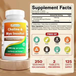 Best Naturals Choline Inositol (Myo Inositol) 2000 mg Per Serving 250 Tablets - Non-GMO, Gluten Free, Made in The USA
