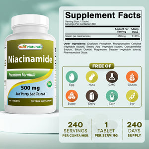 Best Naturals Niacinamide 500mg 240 Tablets (Suitable for Vegetarian) - Non-Flushing Form of Niacin (Vitamin B3)