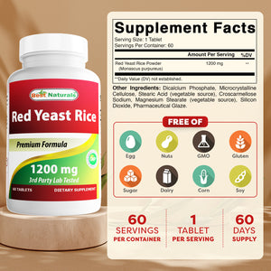 Best Naturals Red Yeast Rice 1200 mg 60 Tablets