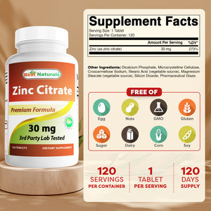 Best Naturals Zinc Citrate 30 mg - Immune Support - 120 Tablets