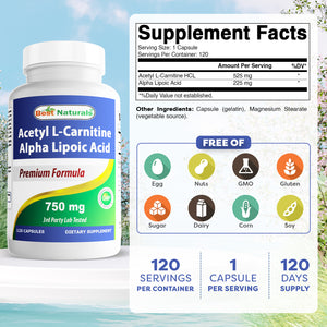 Best Naturals Acetyl L-Carnitine Alpha Lipoic Acid 750 mg 120 Capsules