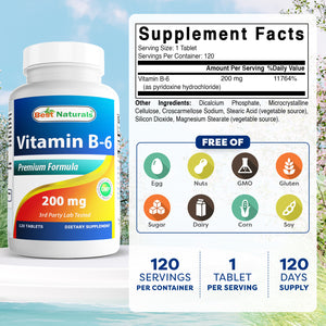 Best Naturals Vitamin B6 200mg for Adults, 120 Tablets