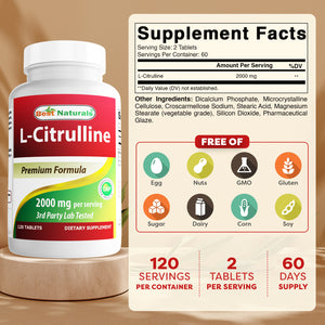 Best Naturals L-Citrulline 2000mg/Serving - Non-GMO - Gluten Free - 120 Tablets