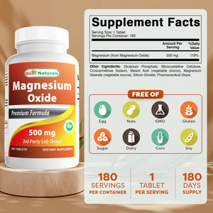Best Naturals Magnesium Oxide 500 mg 180 Tablets