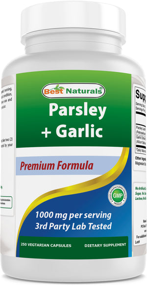 Best Naturals Parsley and Garlic 1000 mg per Serving 250 Vegetarian Capsules. Gluten Free and Non-GMO.