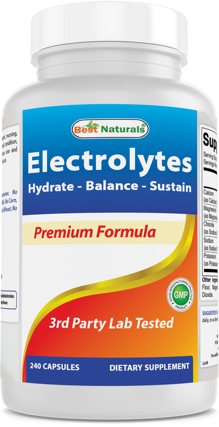 Best Naturals Electrolytes Hydrate-Balance- Sustain Premium Formula 240 Capsules. Gluten Free and Non-GMO.