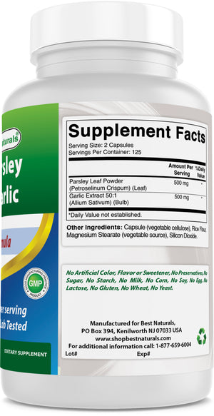 Best Naturals Parsley and Garlic 1000 mg per Serving 250 Vegetarian Capsules. Gluten Free and Non-GMO.