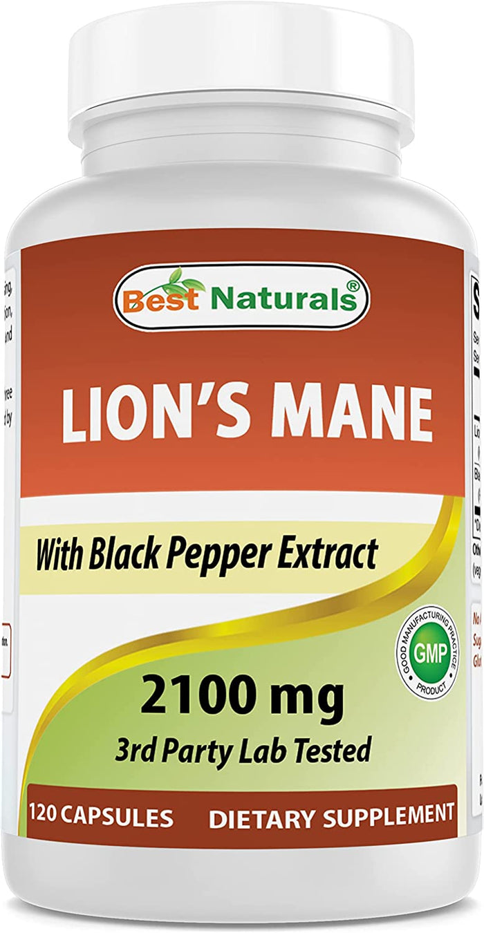 Best Naturals Lions Mane Mushroom Supplement 2100mg - 120 Capsules - Supports Mental Clarity, Focus & Immune Health - Added Black Pepper for Maximum Absorption